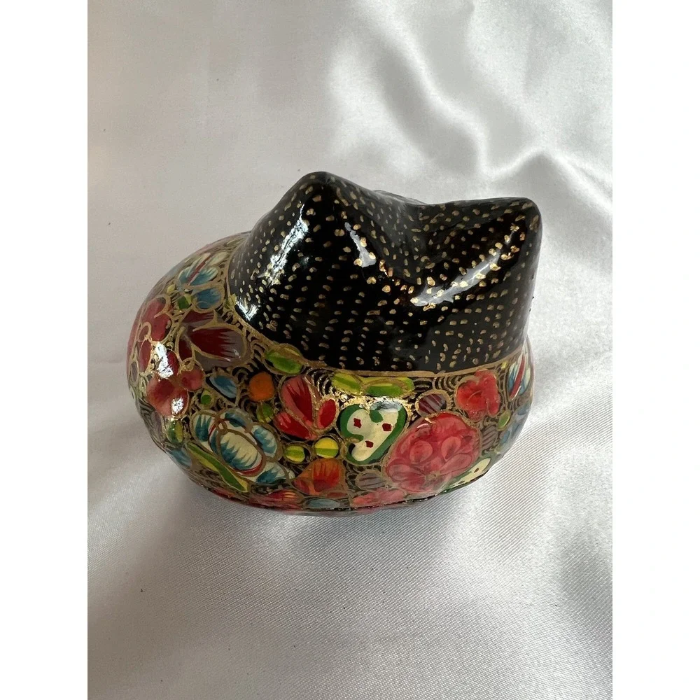 Vtg Cat Kitty Trinket Vanity Box Paper Mache Kashmir india Flowers